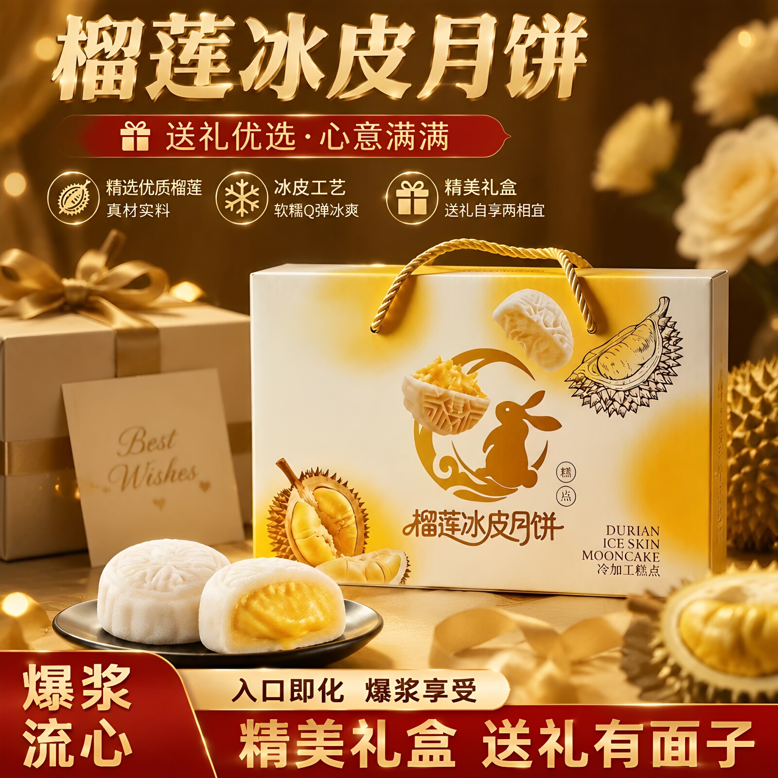榴莲冰皮月饼礼盒中式老糕点心经典滋补小吃中秋礼品批发