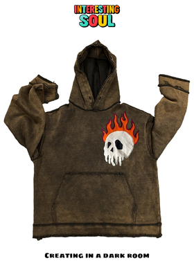 原创艺术家贴布！interesting灵魂！朋克亚文化做旧骷髅连帽卫衣