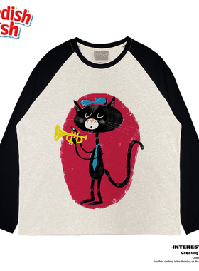 墨绿色插肩袖！演奏小号的黑猫小众无性别卡通重磅街头插肩长袖