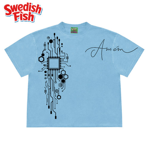 全棉！雾霾蓝科技芯片线条高级感电路板CPU原创朋克阿美咔叽短袖T