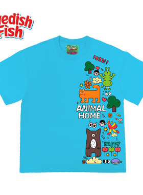 240g浅湖蓝色短袖T恤美式卡通oversize奢潮艺术拼接原创阿美咔叽