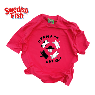 240g玫红色 T恤 欧美嘻哈阿美咔叽高街古着oversize卡通亮色短袖