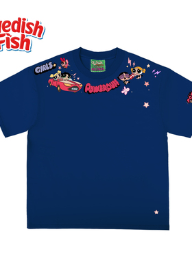 深蓝色！潮牌穿搭重磅趣味学院风落肩美式全棉ins亚文化原创短袖T