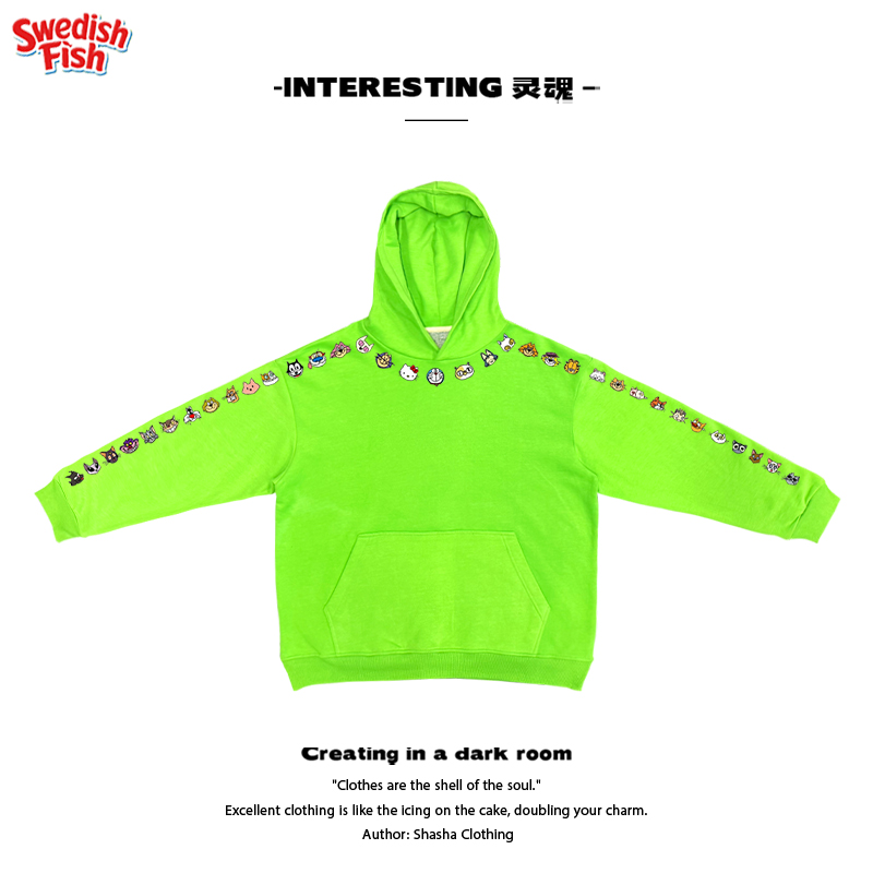 荧光绿！哆啦A梦KT猫潮流Style拼接卡通童趣上衣插画连帽卫衣