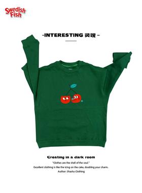 美式！墨绿色卡通涂鸦樱桃动物搞怪学生y2k朋克穿搭纯棉圆领卫衣