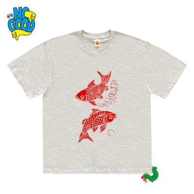 interesting灵魂！艺术家卡通好运锦鲤线性纯棉趣味学院风短袖T恤