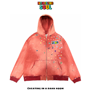 interesting灵魂！原创亚文化嘻哈朋克oversize卡通拼接连帽开衫