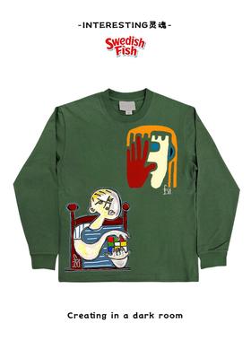 墨绿色！奢潮艺术抽象涂鸦JHYQ原创小众美式无性别240g重磅长袖T