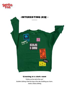 墨绿色！亚文化潮牌JHYQ原创高街重磅纯棉 嘻哈rap欧美圆领卫衣