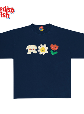 深蓝色！趣味学院风美式百搭重磅街头卡通涂鸦原创小众Ootd短袖T