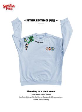 interesting灵魂 浅湖蓝色小领口卡通oldschool 奢潮ootd圆领卫衣