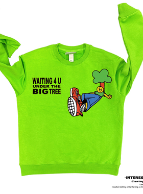 interesting灵魂 依靠大树下卡通美式JHYQ街头重磅圆领卫衣