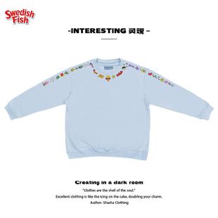 浅湖蓝色 小领口阿美咔叽卡通设计感ins原创Style小众圆领卫衣