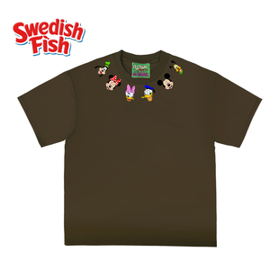 街头拼接嘻哈无性别Ootd 原创米奇卡通动漫美式 240g咖色短袖 T恤