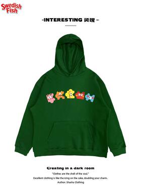 墨绿色！拼图卡通可爱图案oversize童趣上衣独特重磅原创连帽卫衣