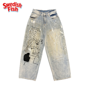 interesting灵魂！男女oldschool亚比厚重感无性别奢潮拼接牛仔裤