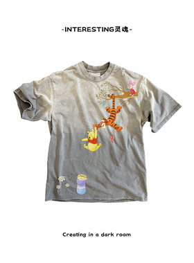 奢潮穿搭卡通水洗做旧灰色跳跳虎大学生滑板ins高级感短袖T恤美式
