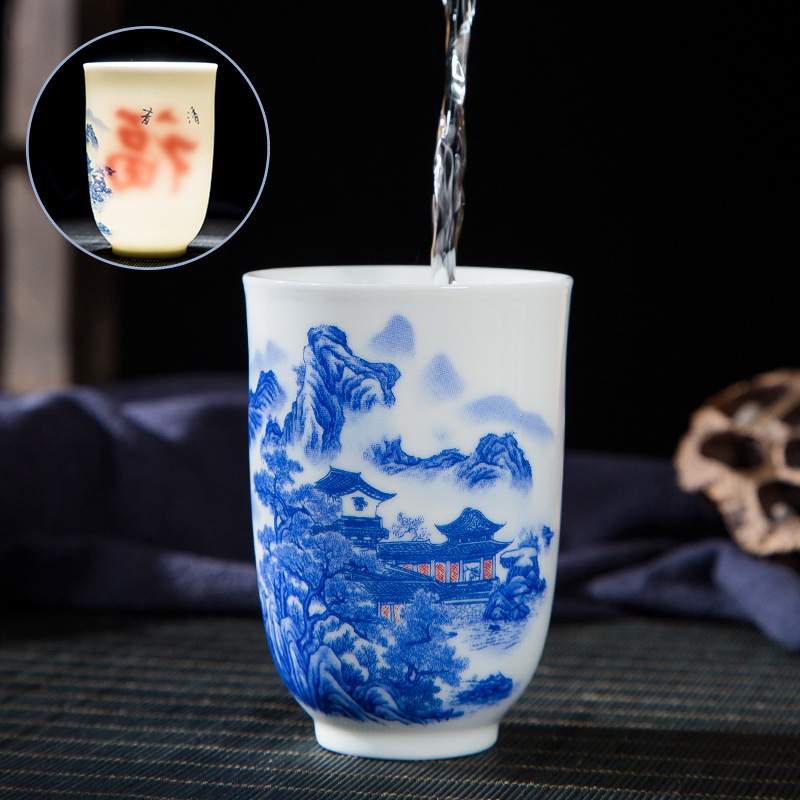 民间艺人粉彩青花瓷双层隔热握手个人单杯景德镇陶瓷大号品茗茶杯