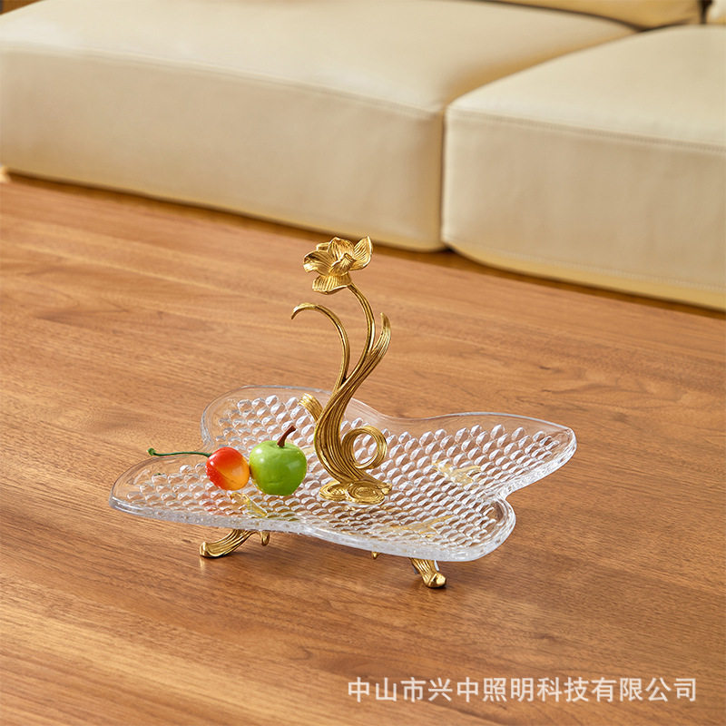 轻奢水晶玻璃配铜果盘水果盘家用客厅茶几新款现代创意红酒杯托盘