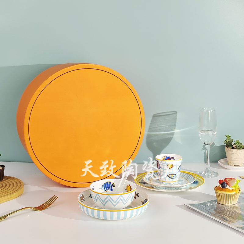 新品海洋系列餐具6件套装儿童可爱骨瓷饭碗餐盘创意风餐具