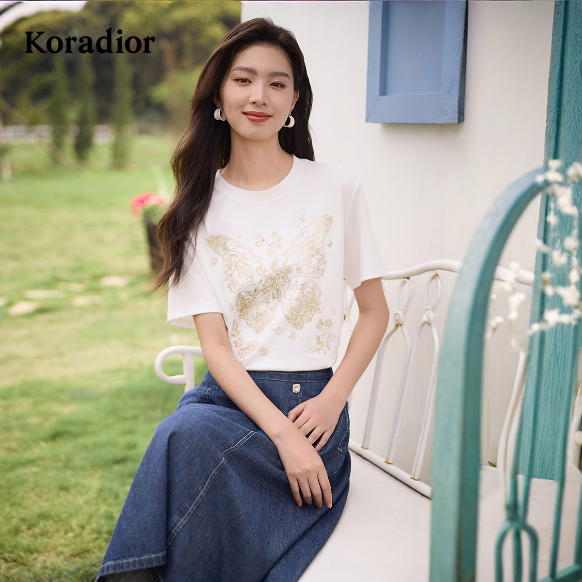 【寻梦蝶影】Koradior珂莱蒂尔商场同款2025夏简约百搭蝴蝶T恤