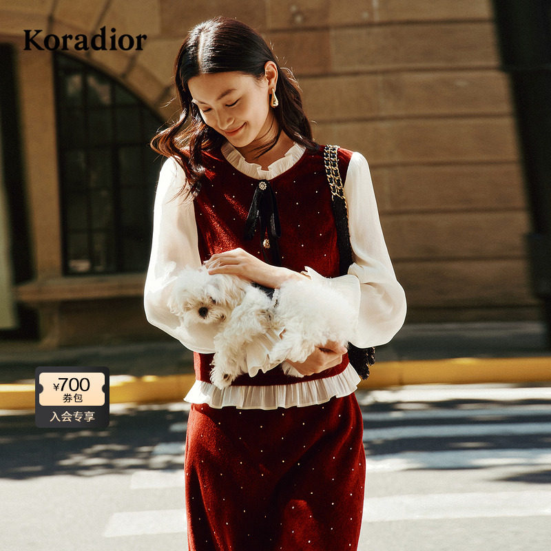 Koradior珂莱蒂尔商场同款2025秋新款丝绒撞色蝴蝶结飘带领针织衫