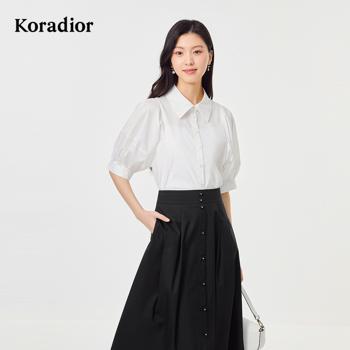 Koradior珂莱蒂尔商场同款2025夏淑女泡泡袖白色棉质衬衫气质百搭