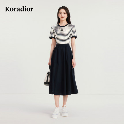 【轻运动】Koradior珂莱蒂尔商场同款2025夏条纹拼接100棉连衣裙