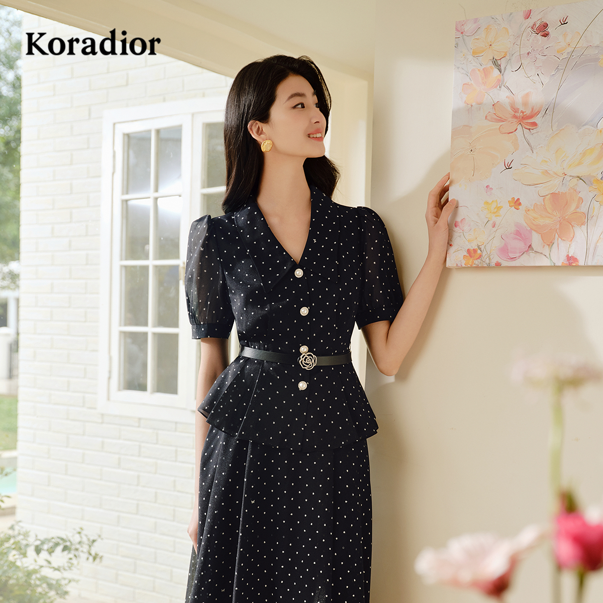 【三醋酸】Koradior珂莱蒂尔商场同款2025夏复古波点泡泡袖衬衫女