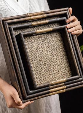 泰国实木托 托盘家用茶盘商用餐盘上菜端盘子竹编木质泰式餐具托