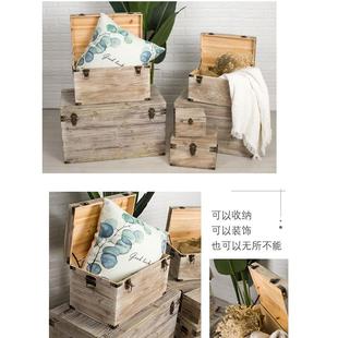 复古储物箱定制收纳箱实木箱子带锁小木盒做旧服装店装饰道具箱子