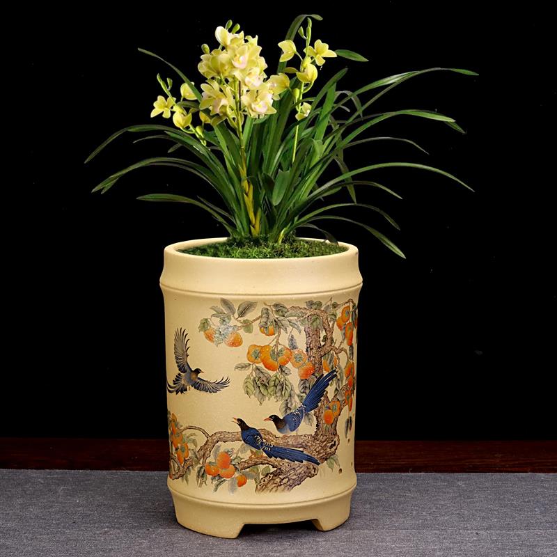 紫砂兰花盆精品圆形手工贴画简约桌面古典竹子盆景盆君子兰中国风