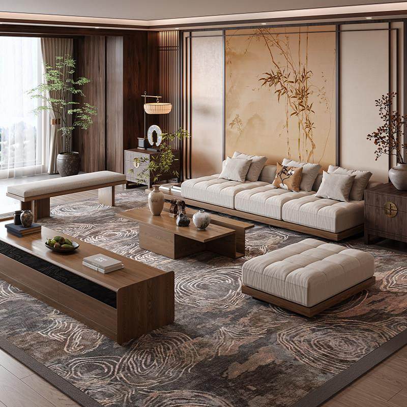 棉麻布艺直排式沙发客厅2025新款木质茶台组合套装实木家具全套