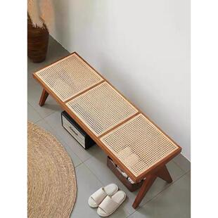 昌迪加尔现代简约换衣换鞋凳北欧实木藤编长凳家用玄关门口长条凳