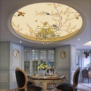 中国圆形天花板贴纸客厅和卧室手绘花鸟壁纸餐厅天花板壁画棚天花
