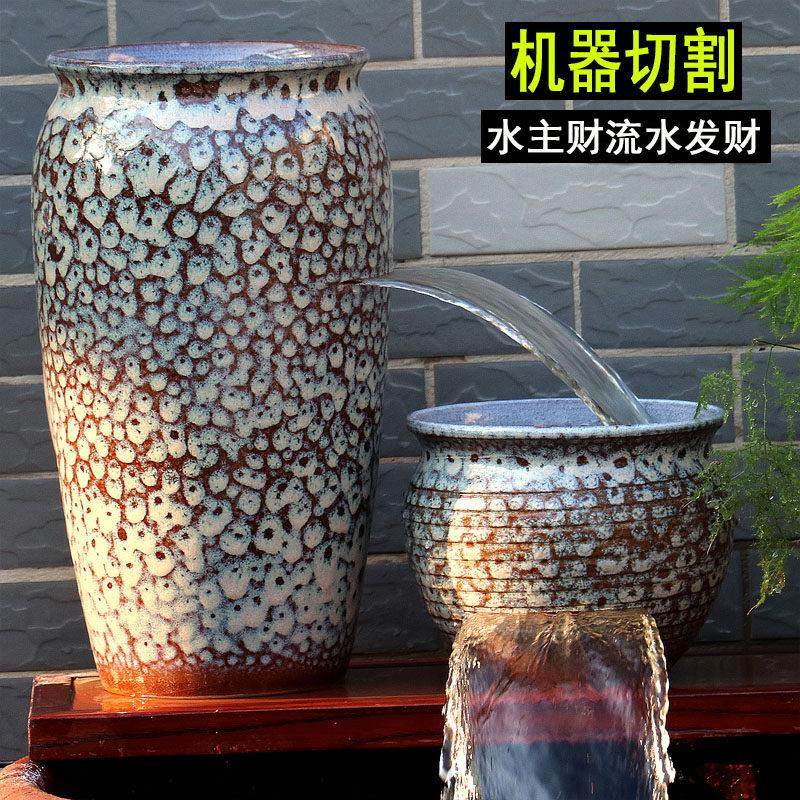 流水瀑布陶罐古法缸养鱼循环低吸水泵增氧循环生态鱼缸民宿覆古罐