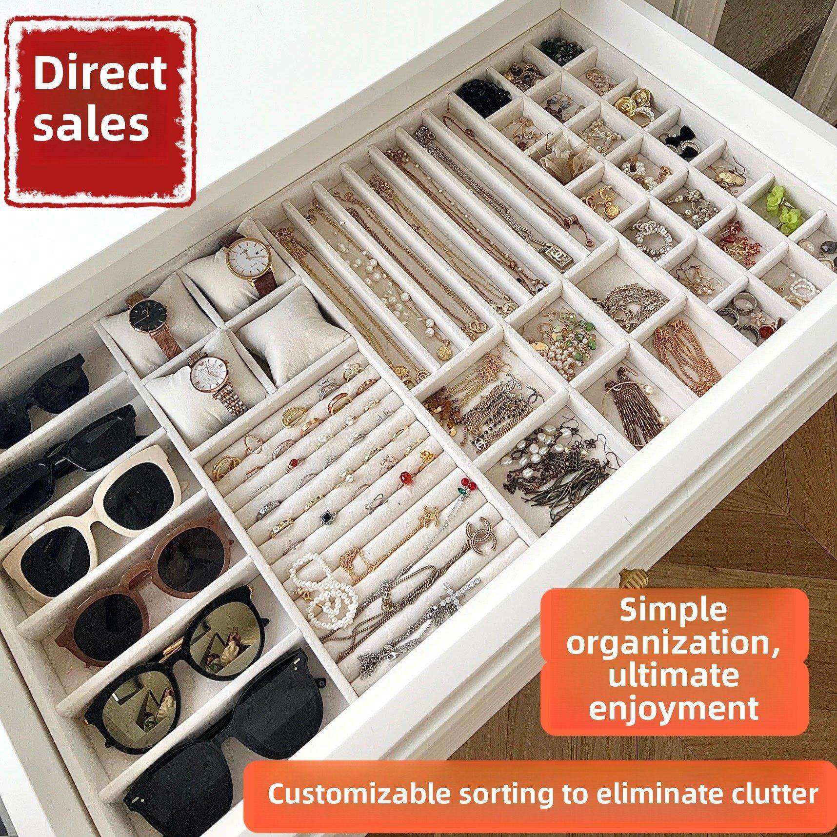 定制绒布首饰收纳盒戒指项炼耳环衣帽间梳妆台衣柜抽屉内实木托盘,收纳整理,首饰盒,淘宝优惠券,粉丝福利购,淘宝优惠卷