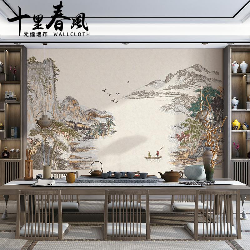 高端刺绣墙布客厅沙发电视背景墙复式玄关圆形山水独秀无缝壁布