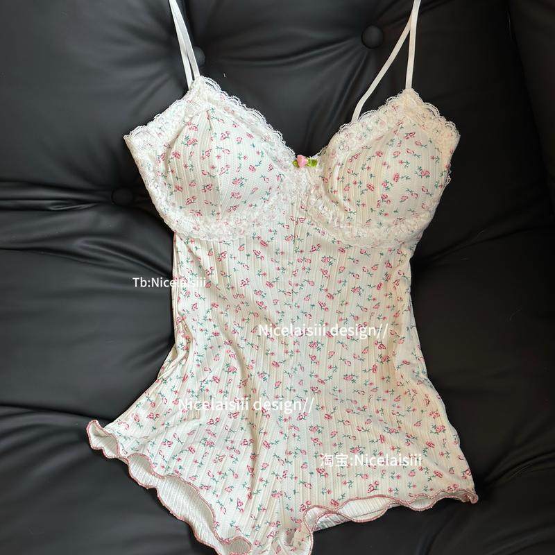 恋夏*性感吊带睡衣甜美法式睡裙带胸垫纯欲碎花连体衣蕾丝家居服