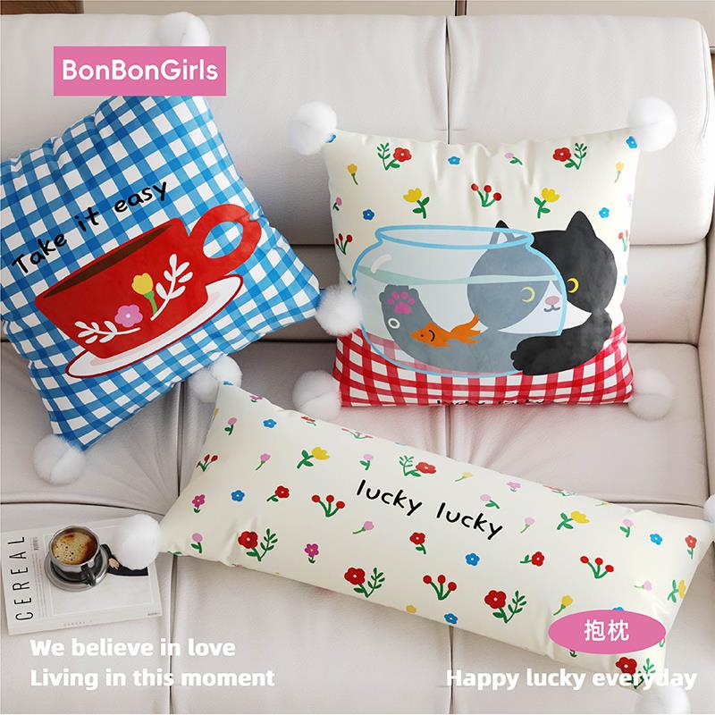 法式碎花猫抱枕套靠枕客厅沙发抱枕床上靠垫车用腰枕睡觉长条抱枕
