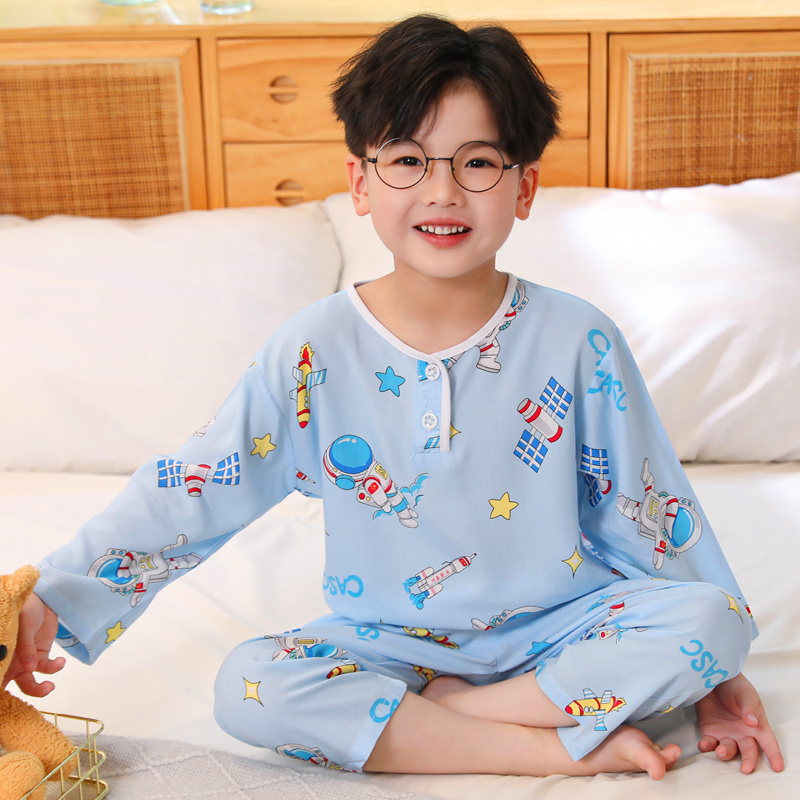 夏季长袖儿童棉绸睡衣薄款男童小男孩绵绸空调宝宝家居服女童套装