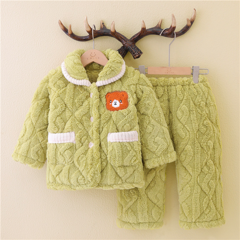 儿童睡衣男童冬季加绒加厚款珊瑚绒三层夹棉女童女孩法兰绒家居服