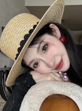 草帽法式度假沙滩帽草编遮阳帽蕾丝装饰宽檐平顶帽户外旅游太阳帽