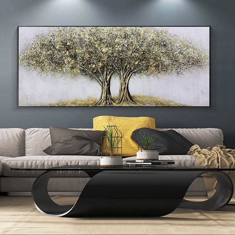 极速纯手绘油画金箔连理树沙发客厅背景墙装饰画现代轻.奢酒店立