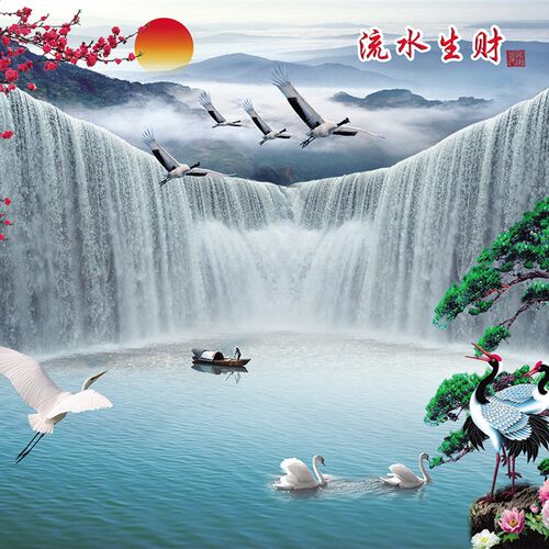 新品3d无纺布流水生财大型壁画5D客厅沙发电视R背景墙壁山水风景