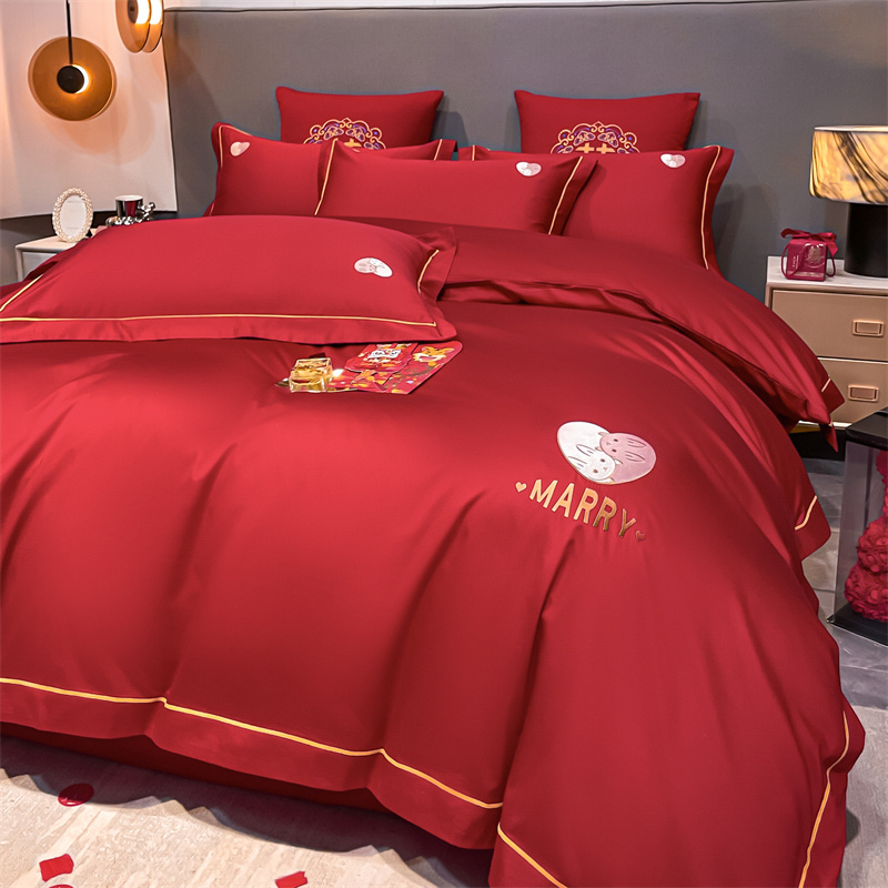 极速婚庆大红色水l洗磨毛四件套牀单款4件套双人结婚陪嫁刺绣龙凤