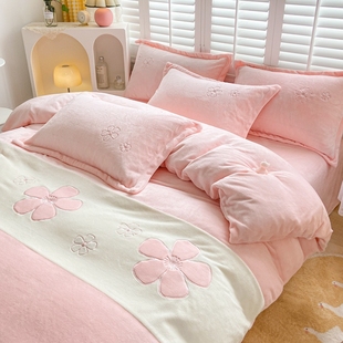 极速刺绣加重牛奶绒四p件套韩式秋冬公主风加厚双面绒被套加绒床