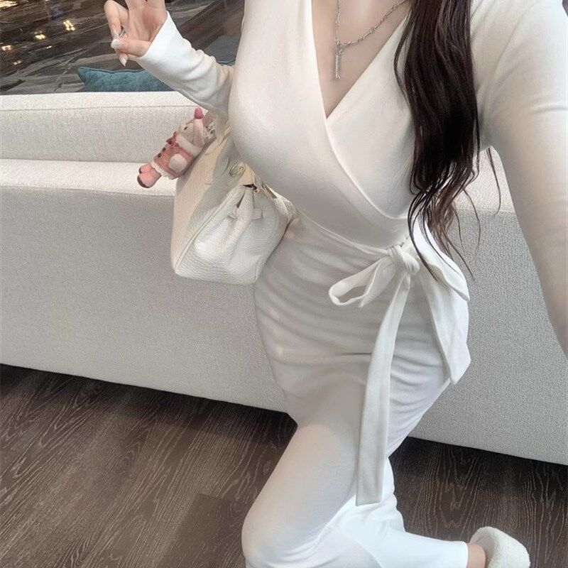 极速白色绑带长袖v领连衣裙女春季收腰紧身包臀裙子步.步生莲鱼尾