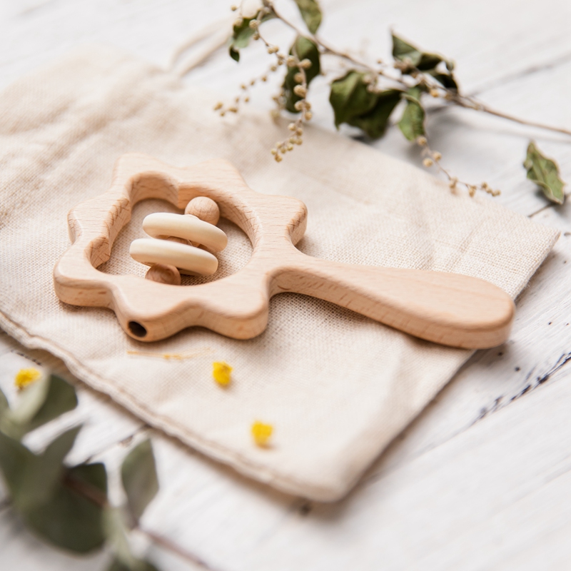 极速1PC Babfy Wooden Rattle Beech Animal Hand Teething Woode