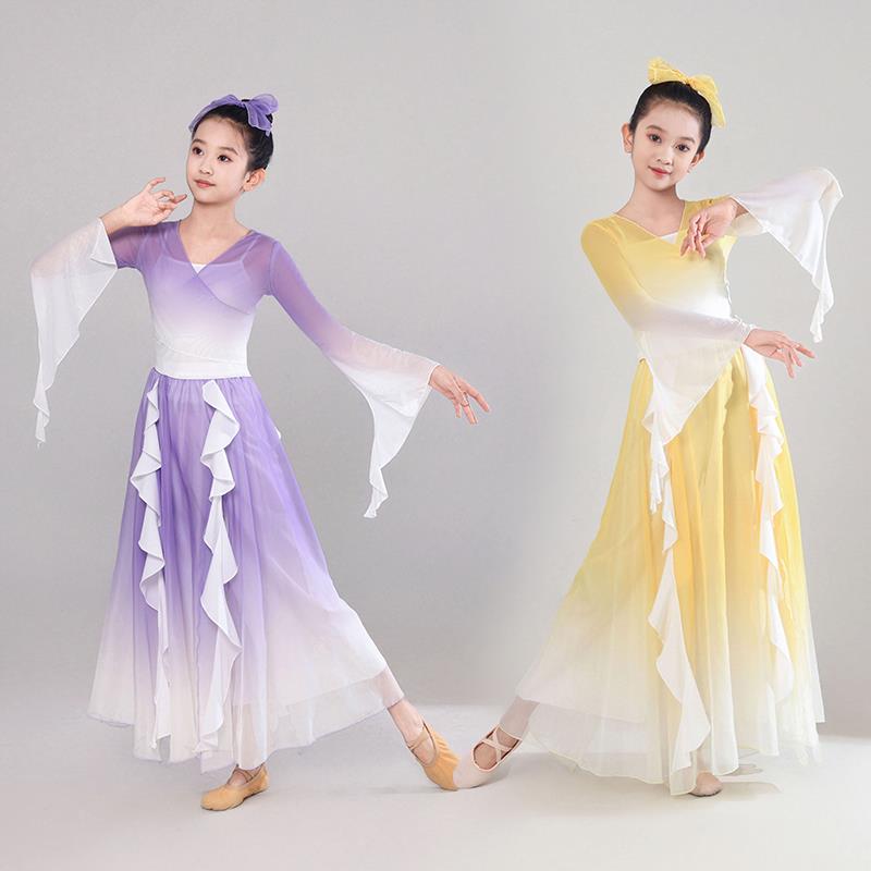 儿童古典舞蹈服中国舞身韵练功服女童民族舞扇子舞花瓣渐变演出服